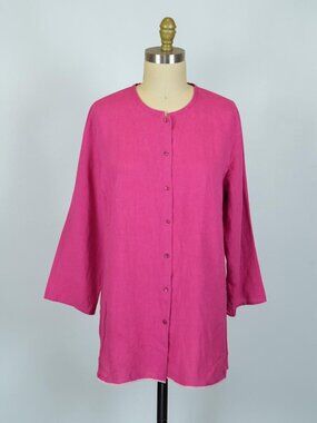 EILEEN FISHER LINEN FUSCHIA PINK LONGLINE BUTTON FRONT 3/4 SLEEVE TUNIC